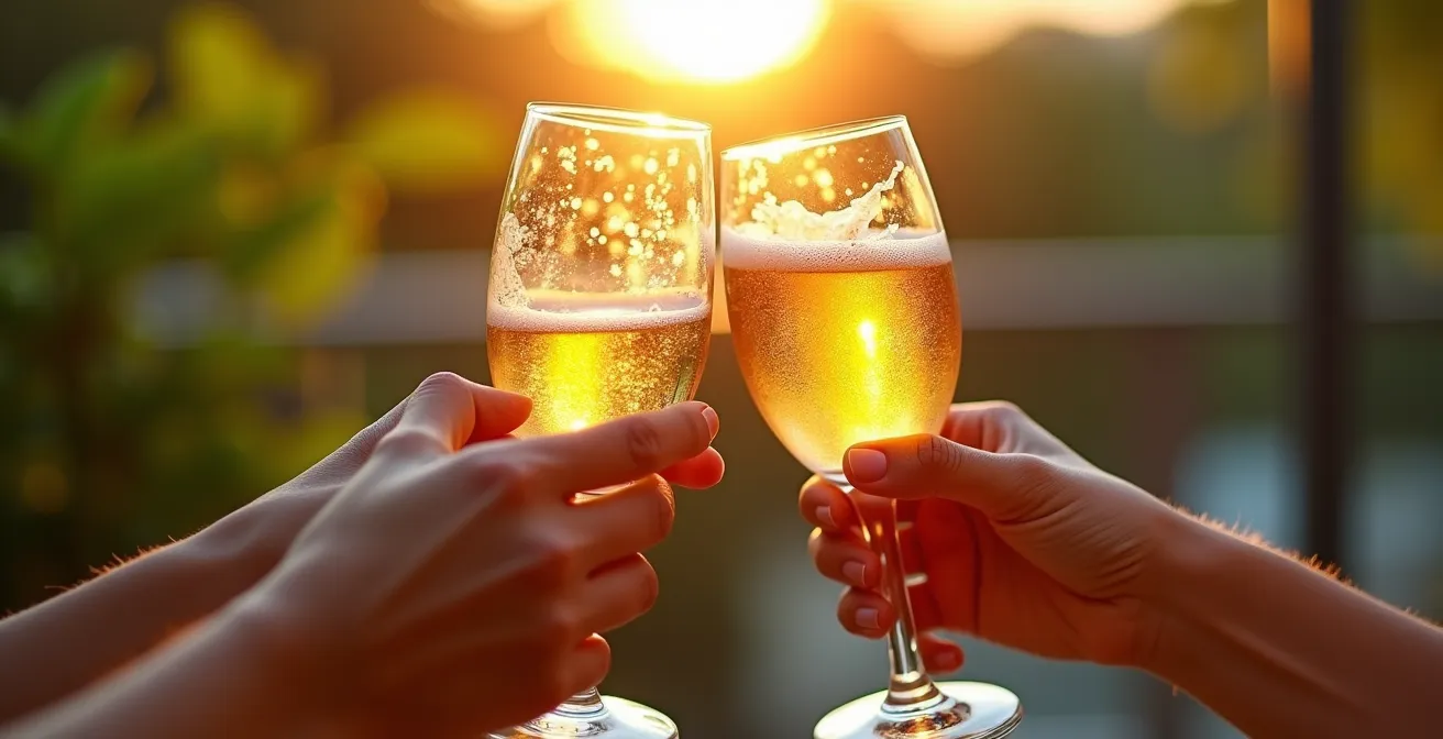 Gros plan sur des mains tenant des verres lors d'un toast sur une terrasse estivale