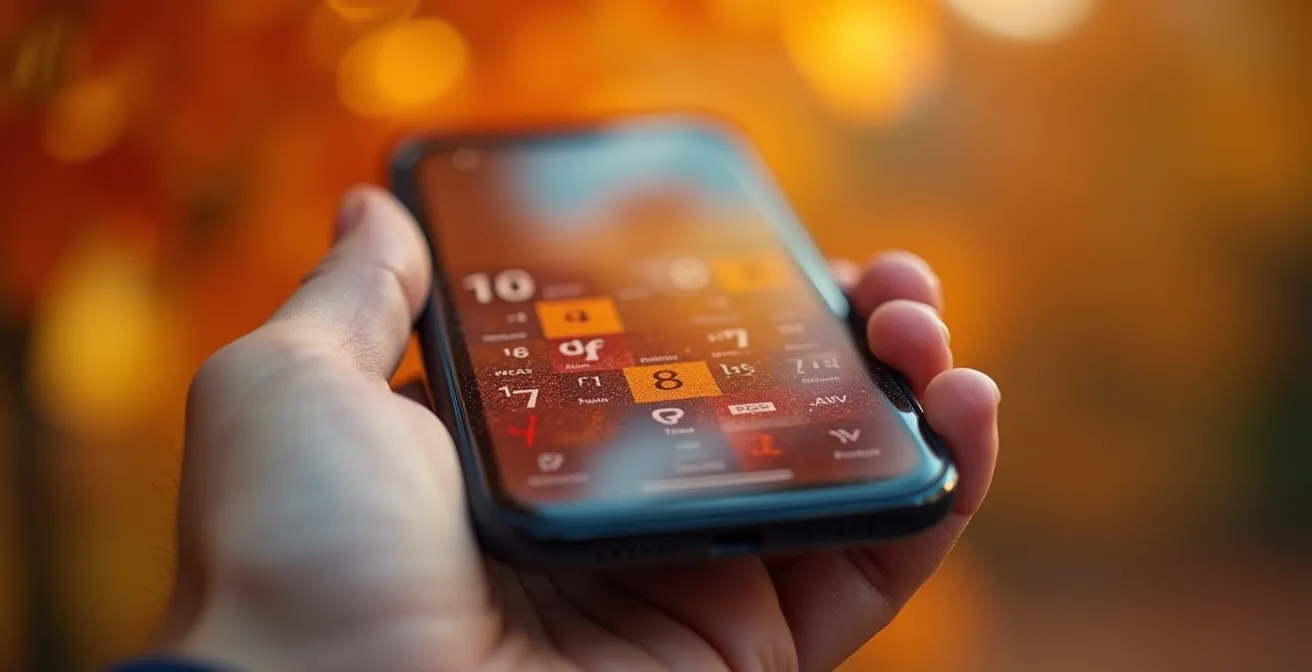 Vue macro d'une main tenant un téléphone montrant un calendrier de réservation avec dates d'automne colorées