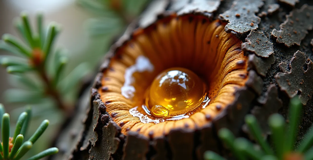 Vésicules de résine sur l'écorce d'un sapin baumier en gros plan