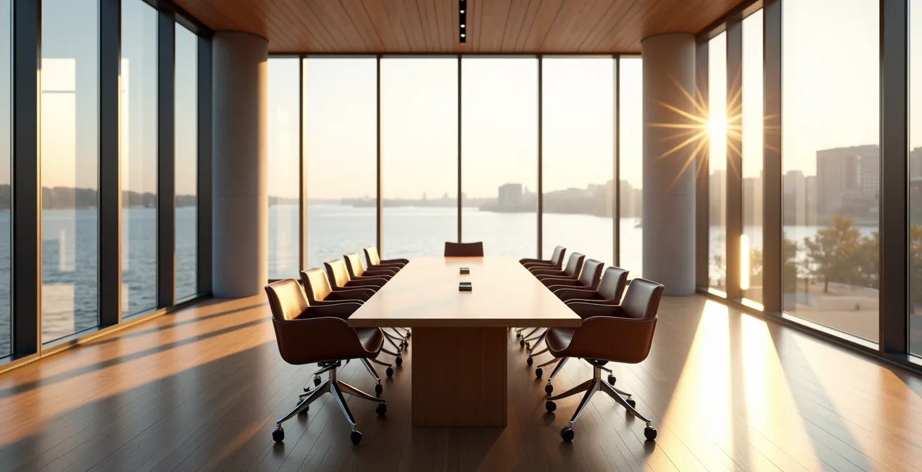 Réunion stratégique dans un bureau moderne avec vue sur le fleuve Saint-Laurent