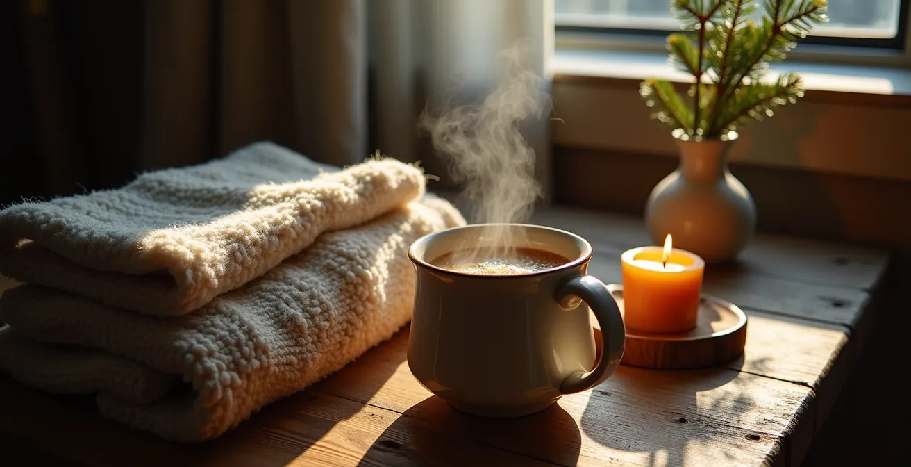 Salon québécois aménagé en cocon douillet avec éléments locaux et éclairage chaleureux