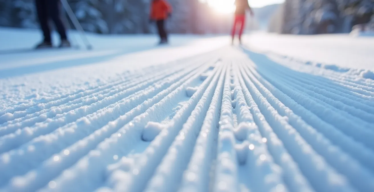 Skieurs de fond sur piste fraîchement damée dans le parc Maisonneuve