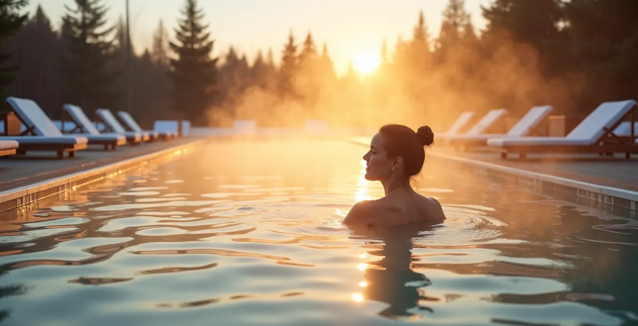 Bassin thermal désert au lever du soleil avec brume matinale sur l'eau