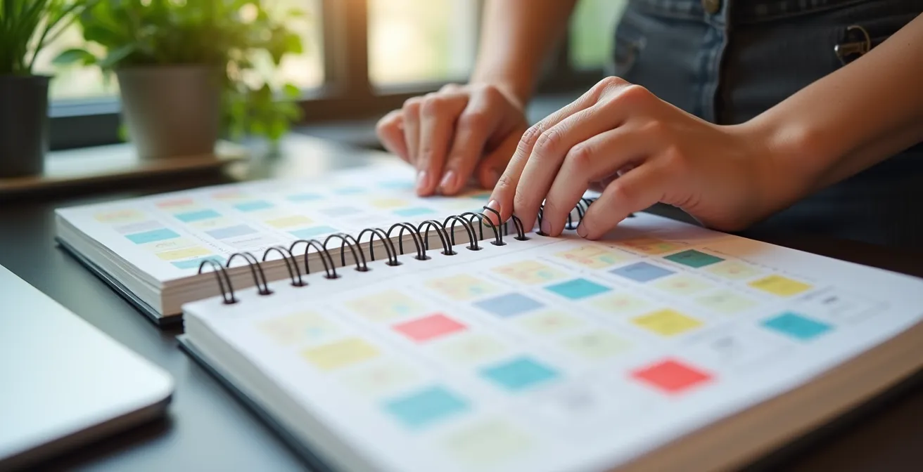 Professionnel québécois consultant son agenda avec des codes couleurs pour organiser sa journée avant un spectacle