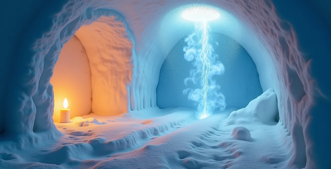 Système de ventilation à double conduit dans un quinzhee avec circulation d'air visible