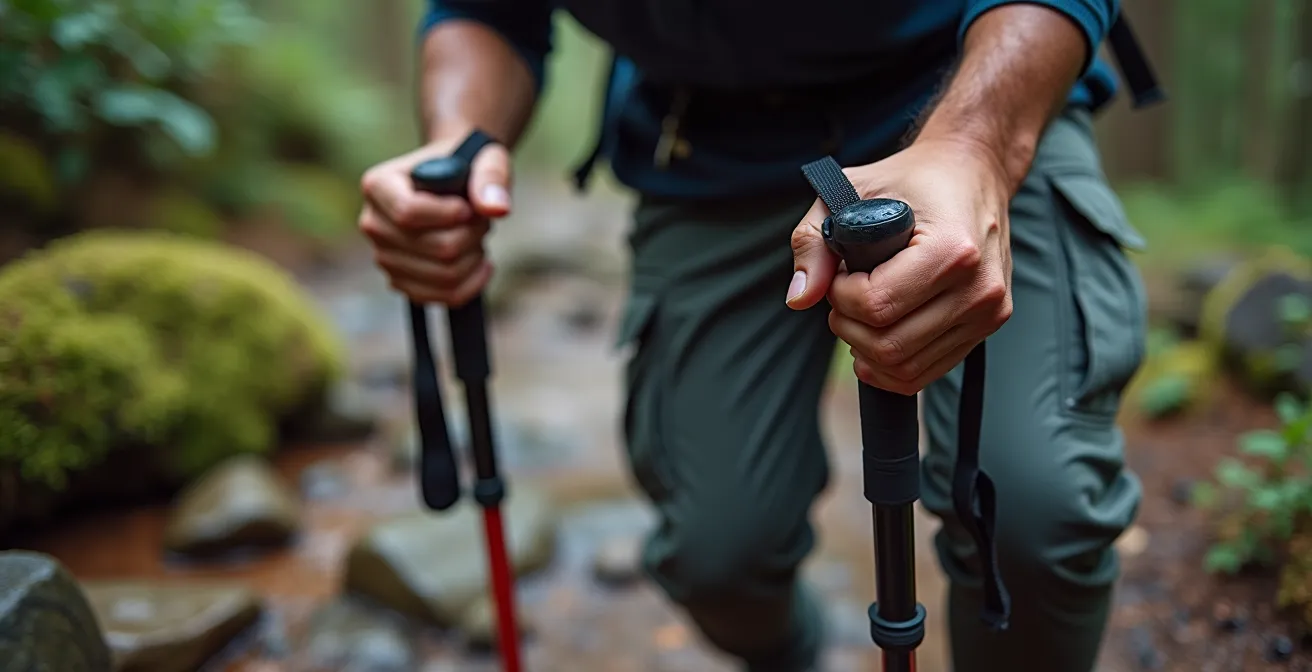 Démonstration de la technique de descente avec bâtons sur terrain rocheux typique de Charlevoix
