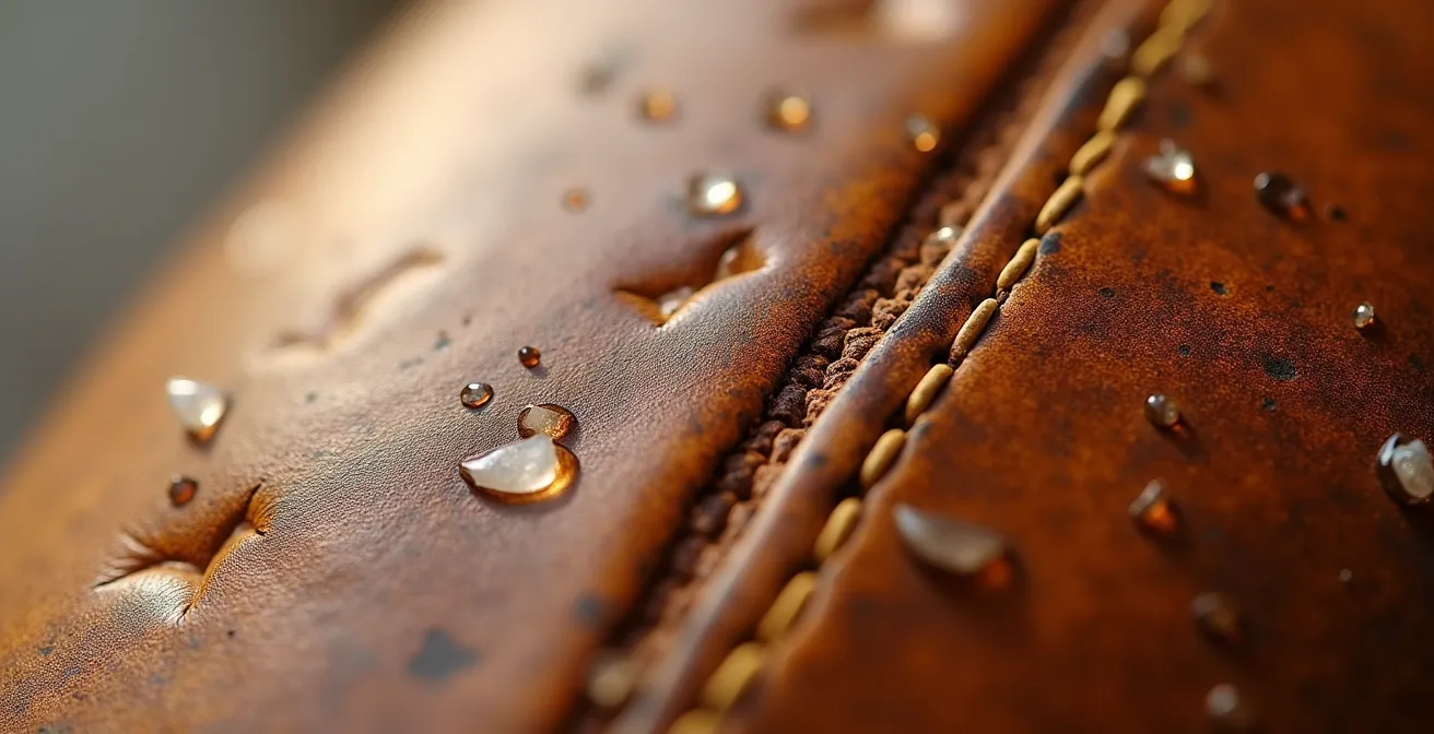 Gros plan macro sur la texture d'un cuir vintage patiné avec des grains de bicarbonate de soude flous en arrière-plan