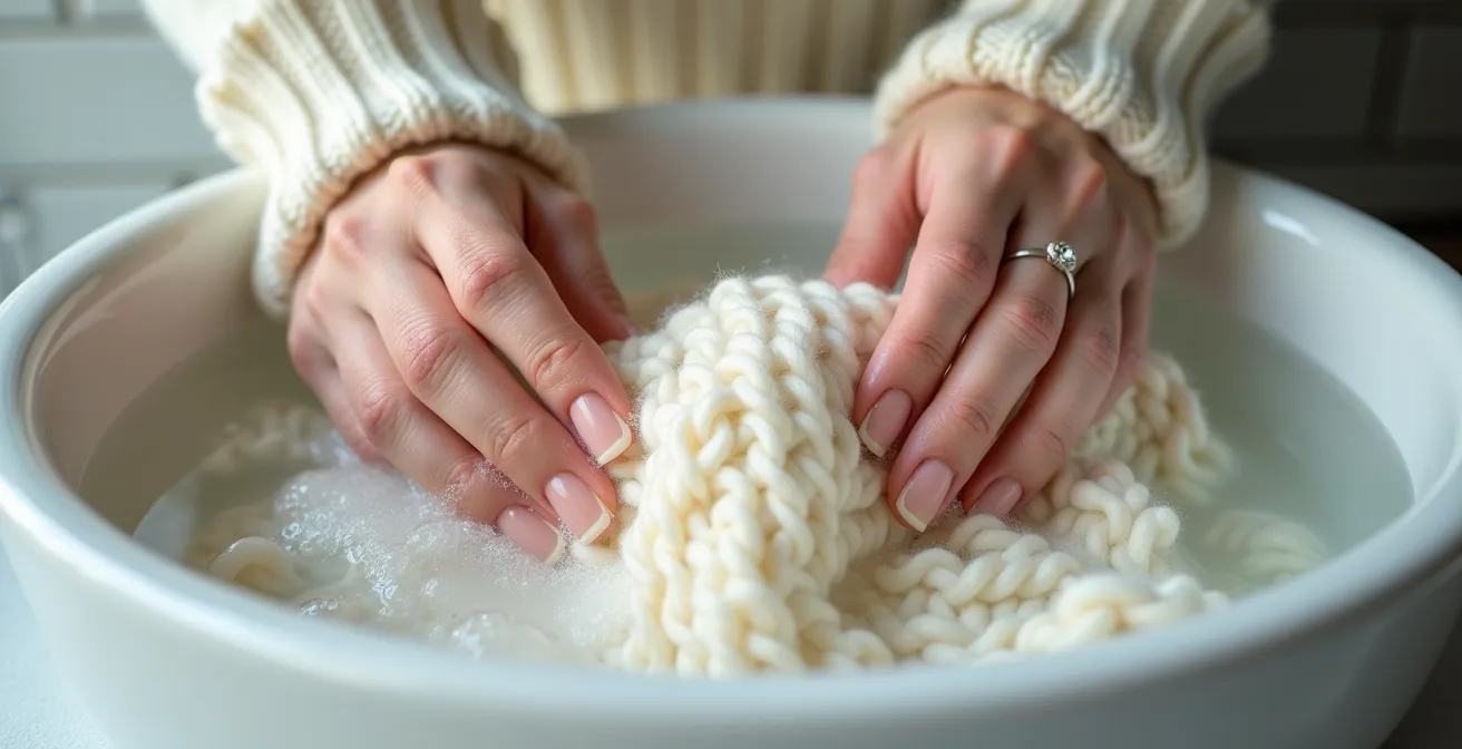 Mains délicates lavant un tricot de laine mérinos dans une bassine d'eau tiède avec savon naturel