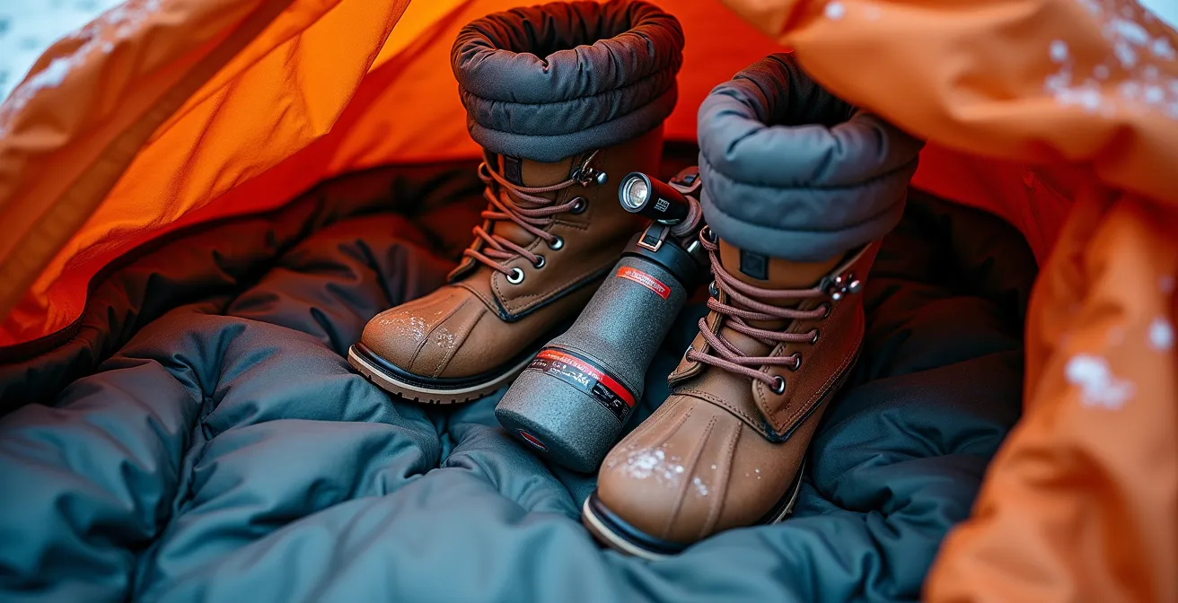 Méthode de rangement des bottes et équipements dans le sac de couchage pour éviter le gel