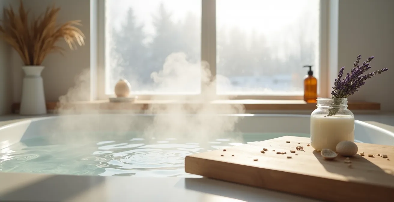 Gros plan sur un thermomètre de bain flottant indiquant 37 degrés dans une eau laiteuse