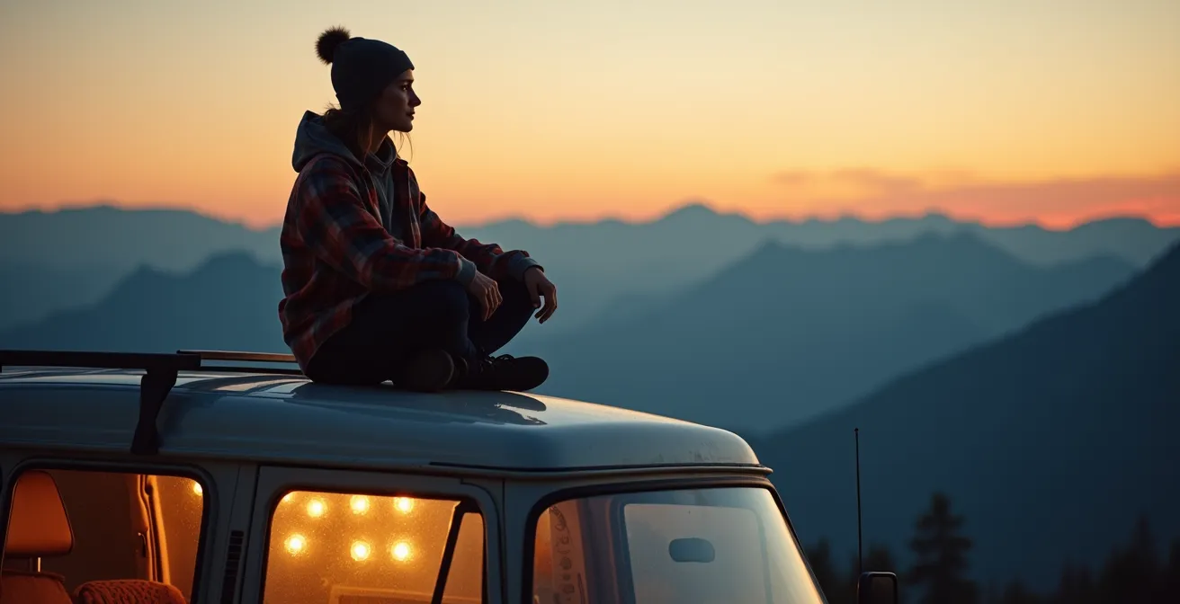 Van stationné en montagne avec vue panoramique sur les Laurentides