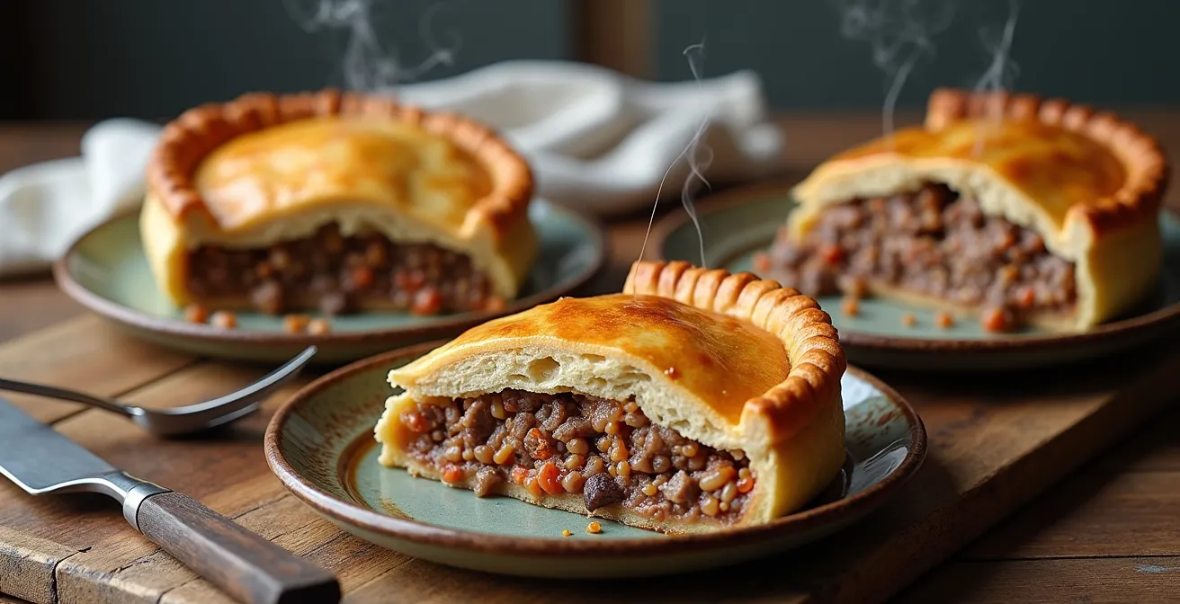 Trois tourtières québécoises différentes présentées côte à côte sur une table en bois rustique