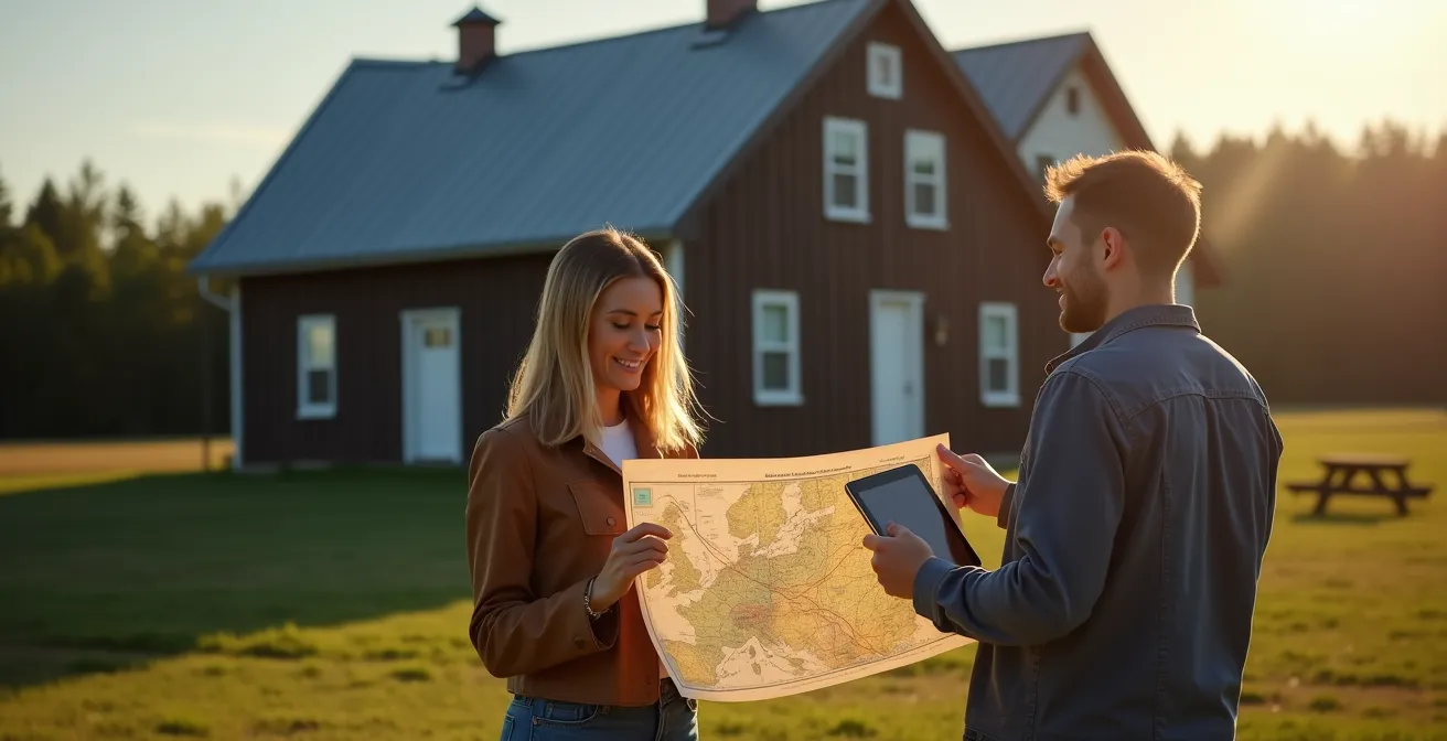 Couple consultant une carte sur tablette devant une maison rurale québécoise