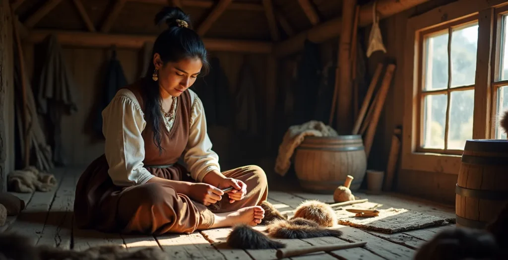 Femme autochtone travaillant des peaux de castor dans un campement de traite du 18e siècle